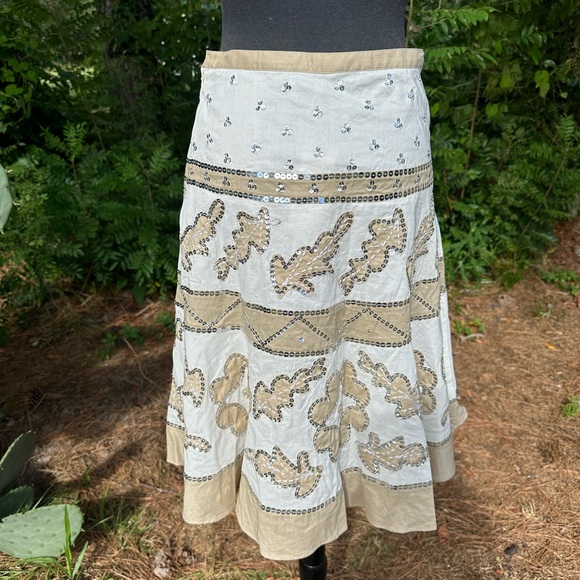 BCBGMaxazria New w Tags Sequin Embroidered A Line Skirt White Beige Lined Cotton - Picture 5 of 11